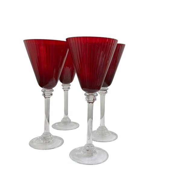 Elegant Fluted and Ribbed Ruby Red Wine Glasses with Clear Stems, Set of 4 - Picture 3 of 7